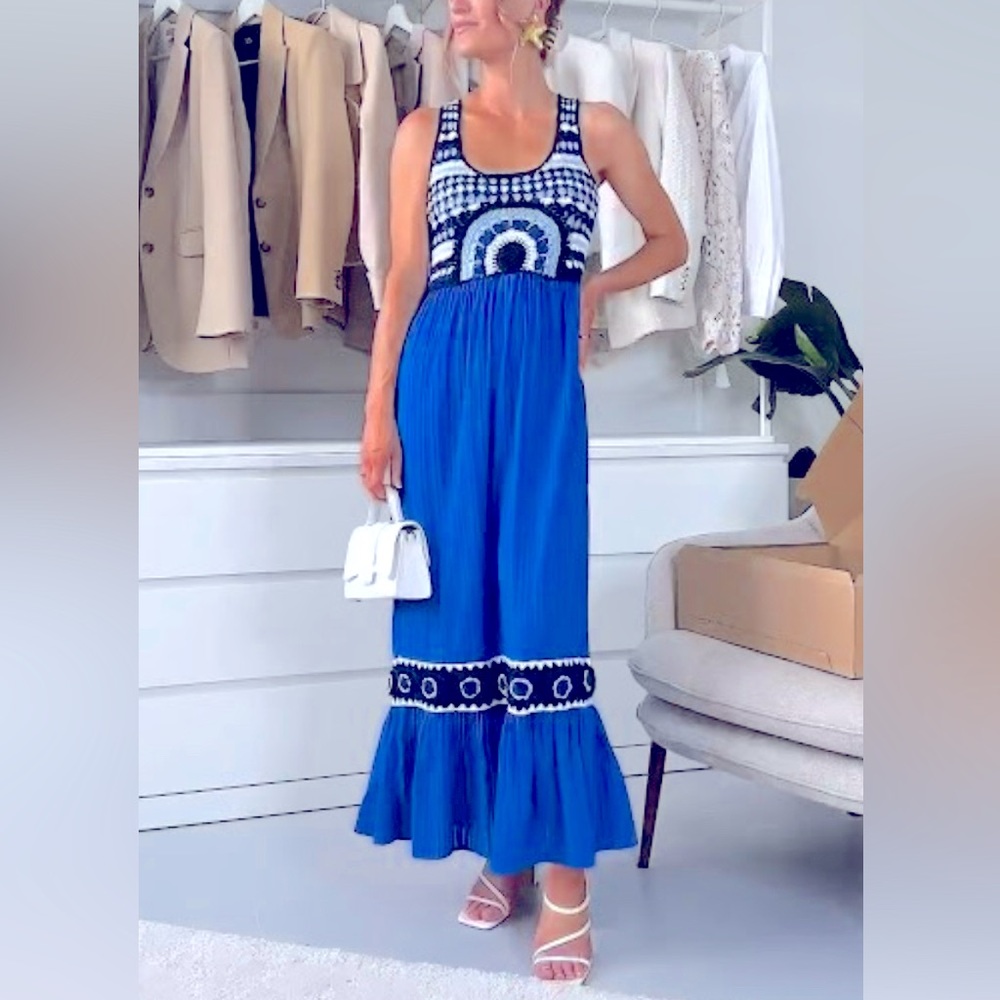 NWT ZARA Blue White Contrasting Crochet Knit Maxi/Midi Dress Large Summer